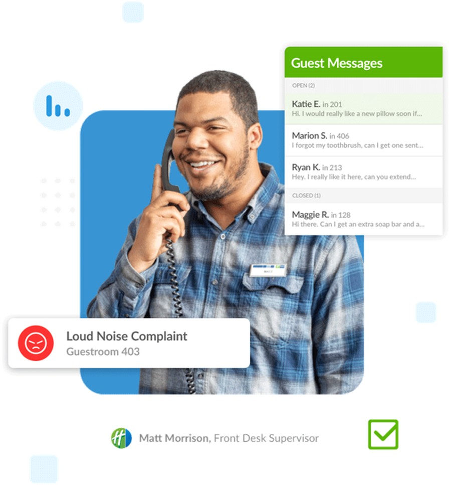 Front Desk persona marketing image: Matt Morrison, Front Desk Supervisor, on the phone, paired with the in-product Guest Messages panel it points to