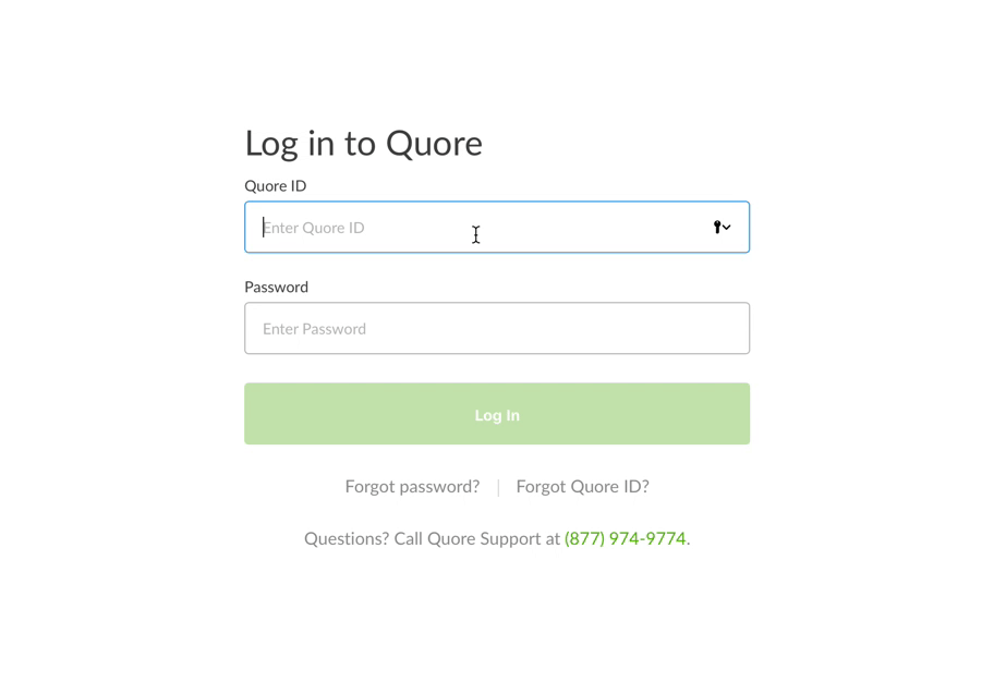 Animated walkthrough of the Quore login screen guiding a user through resetting a forgotten password, step by step in plain language