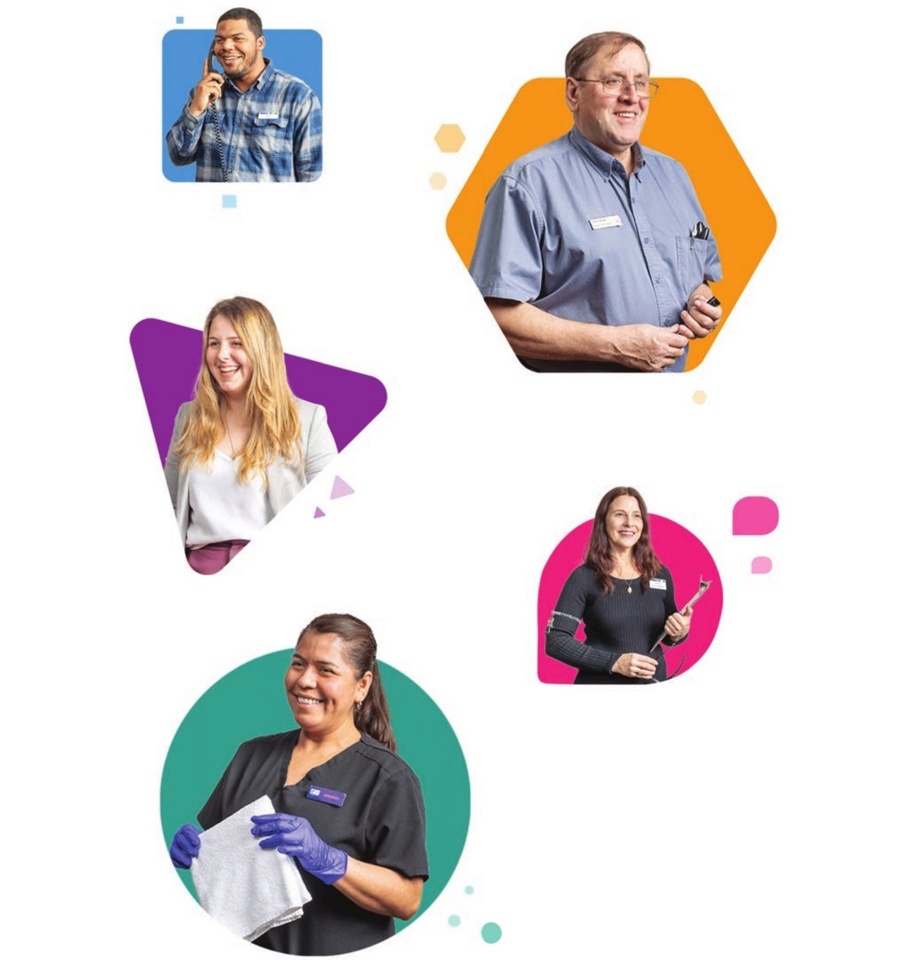 All five official Quore personas from the brand guidelines, Front Desk, Engineering, Operations, Communication, and Housekeeping, each shown with their signature shape and color
