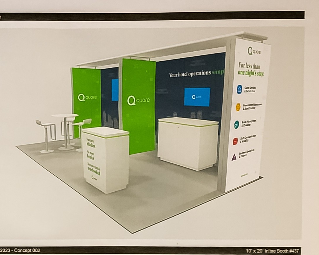 3D render of the 10 by 20 foot HITEC 2023 booth design, Concept 002, featuring the Toronto skyline motif and a stat panel of customer proof points